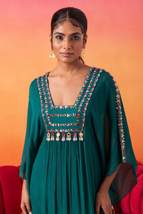 Buy Green Chiffon Hand Embroidered Resham Thread Square Neck Kaftan For Women by Seema Thukral Online at Aza Fashions. Seema Thukral, Green Kaftan, Kaftan For Women, Trendy Outfits Indian, Heavy Dresses, Designer Kurti Patterns, Kurti Patterns, Long Kurti Designs, Kurta Neck Design