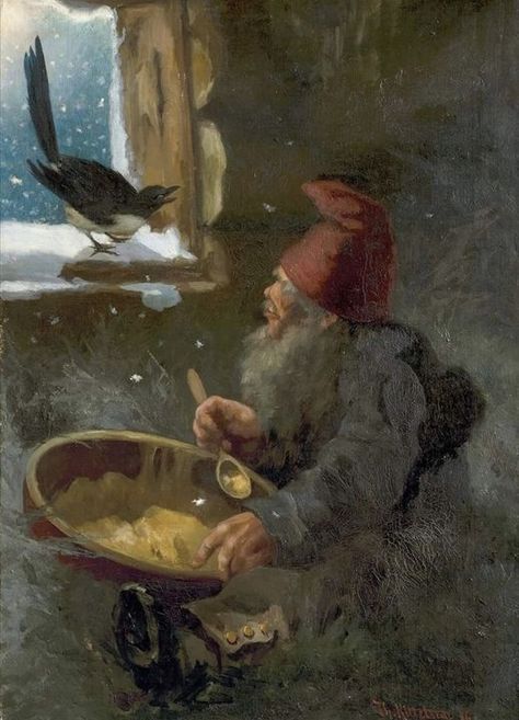 Illustration by Theodor Kittelsen (1886) Norwegian barn gnomes (fjøsnisser) are very busy during Christmas, because they have to protect the farm from all the trolls, ghosts and evil spirits that are roaming around. In return they get rice porridge with butter and cinnamon, which they eat in the barn. Norwegian Folklore, Norwegian Christmas, Rice Porridge, Faeries Gardens, Fairytale Art, Mythological Creatures, Sense Of Place, Very Busy, Geek Culture