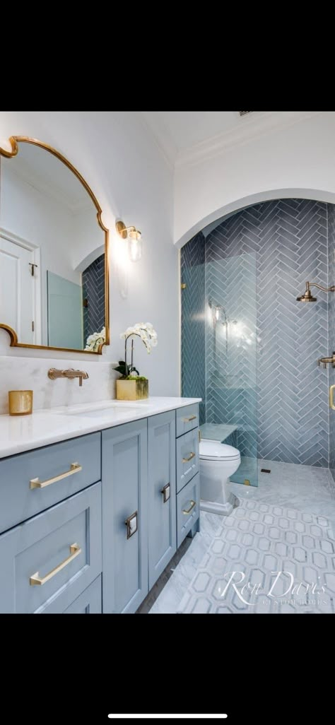 Blue Herringbone Tile Bathroom, House Paint Design, Light Blue Tile, Blue Shower Tile, Gray Shower Tile, Light Blue Bathroom, Tiled Bathroom, Blue Bathroom Tile, Blue Bathroom Vanity