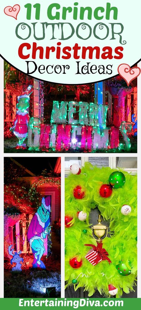 Looking for some fun Christmas decorations for your front yard? Look no further than these awesome Grinch outdoor Christmas decor ideas. From Grinch wreaths to garlands to the Grinch stealing Christmas lights, there's tons of inspiration for a beautiful Grinch yard display. Christmas Lights Outside Grinch, Grinch Front Yard Decor, Whoville Christmas Outdoor, Outside Whoville Decorations, Outdoor Christmas Decorations Grinch, Grinch Outdoor Decorations Diy, Grinch House Decoration Outdoor, The Grinch Float Ideas, Grinch Yard Decor