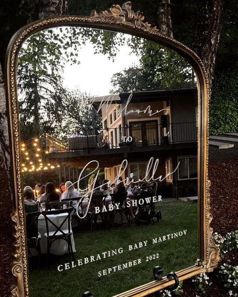 Gold Mirror Baby Shower, Mirror Welcome Baby Shower Sign, Fall Baby Shower Welcome Sign, Baby Shower Welcome Sign Mirror, Mirror Baby Shower Sign, Baby Shower Sign Mirror, Gift Opening Chair Shower Ideas, Baby Shower Venue Decor, Baby Shower Mirror Sign