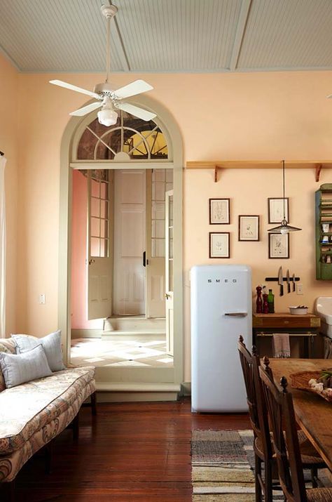 Restoration of Eclectic French Quarter Pied-a-Terre in New Orleans Beadboard Ceiling, Kitchen Wall Colors, Bedroom Wall Colors, Trendy Living Rooms, Room Paint Colors, Bedroom Paint Colors, Trendy Bedroom, Paint Colors For Living Room, Bedroom Paint