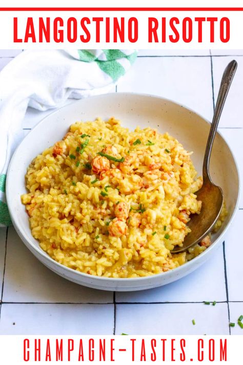 This dairy-free langostino risotto is made with seafood broth, Arborio rice, langostino tails and lemon. Optionally, add saffron for extra flavor and color! Langostino Tails Recipe, Langostino Recipes, Seafood Broth, Healthy Rice Recipes, Saffron Recipes, Risotto Dishes, Italian Diet, Healthy Rice, Dirty Rice