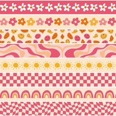 PRICES MAY VARY. The Amount of Package - Comes with 72pcs boho theme bulletin border stickers in 8 designs, each design contains 9pcs, sufficient for classroom decoration. Retro Groovy Patterns - Our bulletin border stickers have diverse designs, boho flower, funny face, rainbow, sun, checkered, etc., use bright rose pink color, well in line with retro groovy theme, perfect bulletin board decorations. Premium Material - Made of good material paper, durable and safe, easy to stick and peel, you c Retro Classroom Theme, Boho Bulletin Board, Boarders For Bulletin Boards, School Hallway Decorations, Retro Classroom Decor, Groovy Classroom, Groovy Theme, Flower Funny, Stickers For School