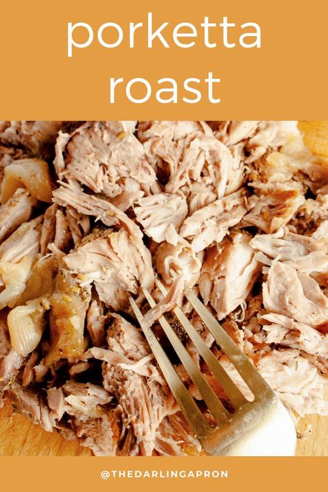 Pulled Porketta Roast with a fork on a wooden cutting board Oven Roast Pork Shoulder, Porketta Roast Crock Pot, Porketta Recipe, Porketta Roast, Porketta Roast Oven, How To Cook A Porchetta Roast, Porchetta Roast, Porchetta Recipes, Slow Cooker Pork Roast