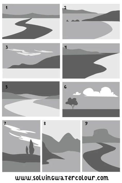 Simple Background Art Ideas, Landscape Thumbnail Sketches, How To Sketch Landscapes Step By Step, How To Draw A Landscape Step By Step, How To Color Backgrounds, Notan Landscape, Simple Landscape Reference, Art How To, Composition Ideas Art