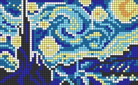 Famous Painting Cross Stitch Pattern, Famous Paintings Cross Stitch Patterns, Stary Night Crochet, Pixel Starry Night, Starry Night Pixel Art Grid, Pixel Art Of Famous Paintings, Famous Art Pixelated, Famous Painting Perler Beads, Famous Art Cross Stitch