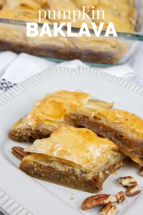 Pumpkin baklava is a fun variation of traditional baklava. Pumpkin and pecans are layered in-between layers of flaky phyllo dough to create an irresistible fall dessert. #baklava #pumpkindessert #fall Pumpkin Baklava, Traditional Baklava Recipe, Dessert Fall, Phyllo Dough Recipes, Phyllo Recipes, Baklava Recipe, Pumpkin Recipes Easy, Painted Pumpkin, Phyllo Dough