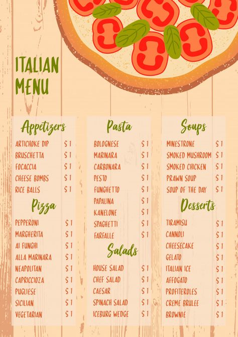 Simple Restaurant Menu Design, Italian Food Menu Ideas, Appetizers For Restaurant, Italian Catering Menu Ideas, Italy Menu Design, Pasta Menu Design Ideas, Italian Food Menu Design, Pasta Menu Design, Italian Food Night