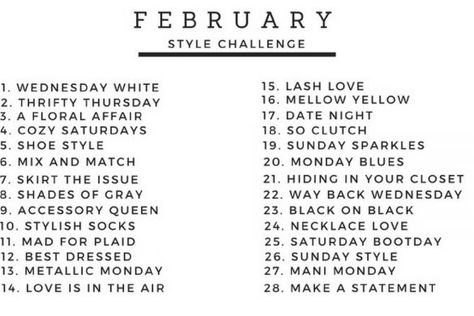 Style Me January Challenge, Fashion Challenge Ideas, February Dump Captions, February Instagram Captions, Fashion Design Prompts, Fashion Prompts, 30 Day Instagram Challenge, Fashion Design Challenge, February Style