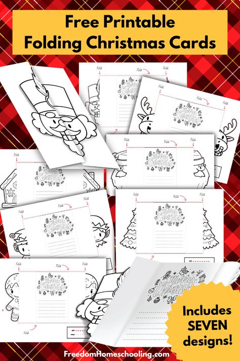 Our set of free printable Christmas cards includes seven different designs. All you need are crayons and scissors to make these cards. Holiday Card Template Free Printable, Christmas Craft Free Printable, Folding Christmas Cards, Christmas Crafts Free Printable, Free Printable Christmas Cards For Kids, Christmas Book Marks Printable Free, Christmas Folding Cards, Free Printable Christmas Cards To Color, Christmas Cards To Make Free Printable