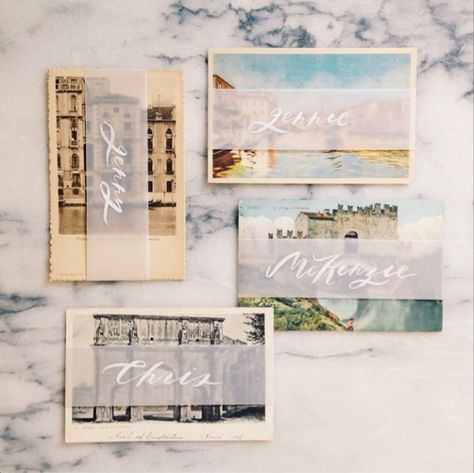 From @jelliottblake Instagram Postcard Place Cards, Wedding In Italy, Wedding Place Settings, Table Names, Wedding Name, Wedding Table Numbers, Table Cards, Post Card, Wedding Place Cards