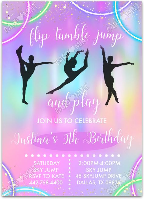 Quickly personalize. Includes matching thank you card.   Host a successful birthday party starting with this gymnasts pink/blue invite!   You can edit this product yourself, during and/or after purchase. Print or send as an Evite.  Image watermarks will be removed after purchase.  The dimensions are 5"x7". Gymnastics Printables Free, Gymnastic Birthday Card, Gymnastics Birthday Invitations Free, Gymnastics Party Ideas, Gymnastics Theme Birthday Party, Gymnastics Party Invitations, Jump Birthday Party, Gymnastic Birthday, Gymnastics Invitations