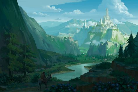 ArtStation - River valley city, pixel cat Pixel Cat, Fire Warrior, Valley City, Digital Painting Techniques, Ocean Sky, Landscape Concept, River Art, Fantasy City, Fantasy Castle