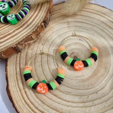 Looking for some funky Halloween earrings? Look no further! Made from Heishi beads and hypoallergenic 30mm hoop earrings. Head to https://jesmochic.etsy.com to get yours! #halloween #halloweenearrings #halloweenjewellery #heishibeads #skulls #pumpkin #trickortreat Clay Beads Earrings, Halloween Clay, Beads Earrings, Halloween Desserts, Halloween Earrings, Heishi Beads, Clay Beads, Spooky Halloween, Trick Or Treat