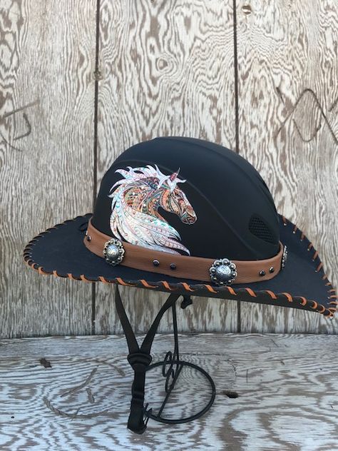 Troxel Liberty Black Helmet, Black Palm Cowboy Hat, Tribal Horse Decal, Leather Hatband, Berry Conchos Tumbleweed Leatherworks Western Helmet, Horse Helmet, Cowboy Magic, Diy Halter, Bling Hats, Horse Clip Art, Black Cowboy Hat, Black Helmet, Barn Quilt Designs