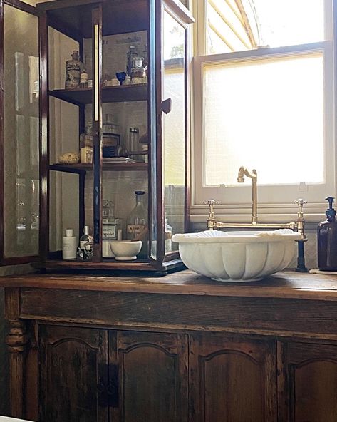 Apothecary Bathroom, Old Apothecary, Mega Mart, Apothecary Cabinet, Dark Home Decor, Shaving Brushes, Dark Home, Apothecary Bottles, Yellow Kitchen