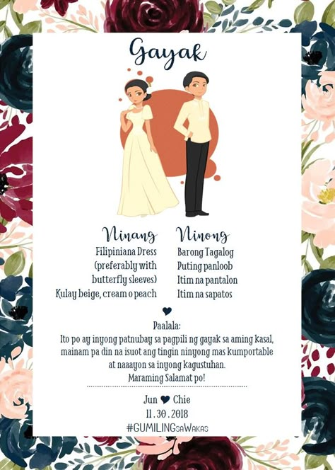 Principal Sponsors' Attire. Attire Wedding Invitation, Wedding Favors For Principal Sponsors, Wedding Invitation Layout, Filipiniana Wedding Theme, Elegant Wedding Colors, Boho Wedding Colors, Filipiniana Wedding, Filipino Wedding, Invitation Layout