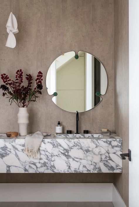 ROSLYN HARBOR Floating Marble Vanity, Organic Modern Style, Minimalist Design Style, Stone Accent Walls, Decorative Shelving, Powder Room Design, Organic Modern, Modern Spaces, Beautiful Interiors