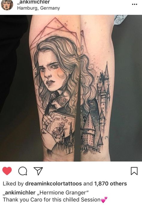 Hermione Tattoo, Hp Tattoo, Floral Thigh Tattoos, Harry Potter Tattoos, Thigh Tattoos, Harry Potter Gryffindor, Neo Traditional, Harry Potter Funny, Mini Tattoos