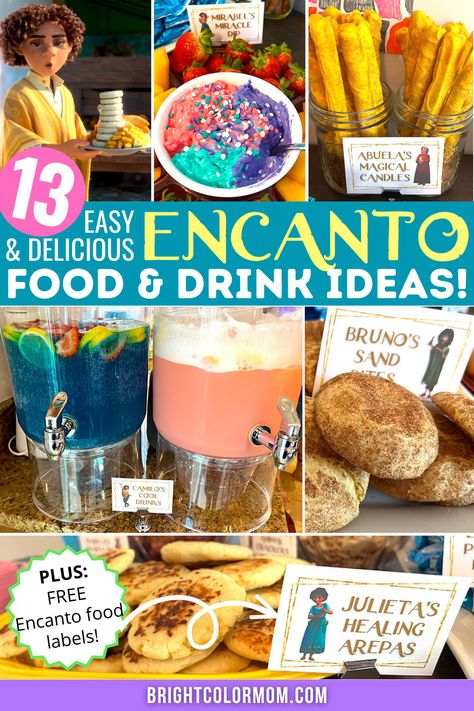 a collage of various Encanto-inspired foods with the text "13 easy & delicious Encanto food & drink ideas!" Disney Character Birthday Party Ideas, Mirabel Encanto Birthday Ideas, Encanto Inspired Food, Encanto Party Snacks, Encanto Themed Party Food, Stitch Inspired Food, Encanto Birthday Party Ideas Food, Encanto Birthday Food, Encanto Birthday Food Ideas