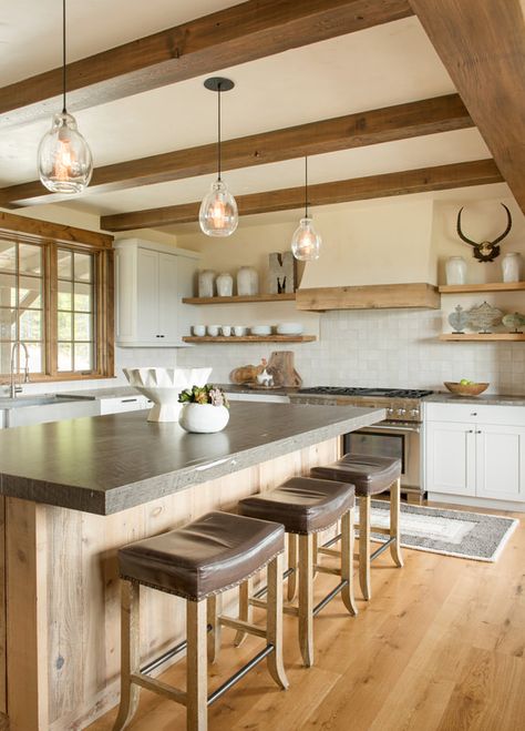 Montana Ranch House, Montana Ranch, Barn Kitchen, Montana Homes, Big Sky Montana, Welcome To My House, Timber Beams, Kitchen Ceiling, Big Kitchen