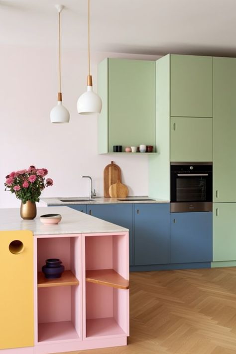 Pastel Scandinavian Interior, Pastel Palettes, Pastel Kitchen, Interior Design Color, Calming Atmosphere, Yellow Kitchen, Farmhouse Style Kitchen, Paint Samples, Kitchen Makeover