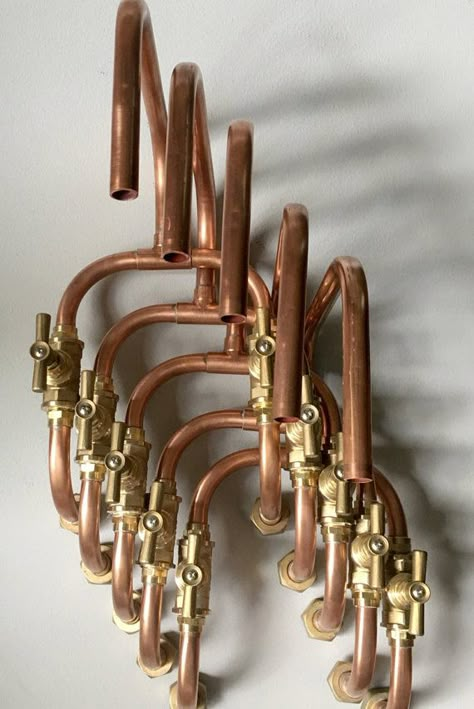 It's made of 15x1mm copper pipe and bronze fittings perfectly welded and sealed. The stop valves are high quality forged brass. #copper #pipe #steampunk #industrial #deckmount #wallmount #bronze #handmade #faucet #tap #robinet #scandinavian #antique #period #brutalist #kitchen #bathroom Exposed Copper Plumbing, Brutalist Kitchen, Copper Pipe Taps, Bathroom Tub Decor, Tub Decor, Steampunk Bathroom, Brutalist Interior, Small Basement Bathroom, Bathroom Brown