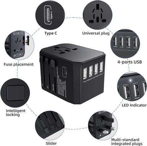 Universal Travel Adapter Worldwide Compatibility: The worldwide travel adapter equipt with four types of international plugs(UK/US/EU/AU Plug) covers over 224 countries such as Germany, Europe, USA, England, Asia, Thailand, Australia, China, Japan, Israel, Italy, Colombia, New Zealand, etc. Security Shutters, International Trip, Universal Travel Adapter, Universal Adapter, Mortise Lock, Travel Charger, Travel Adapter, Global Travel, Adapter Plug