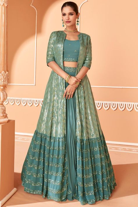 Buy Teal Georgette Embroidered Top & Skirt Set With Long Cape Online | Like A Diva Indo Western Lehenga, Western Lehenga, Modest Evening Dress, Utsav Fashion, Party Wear Lehenga, Designer Dresses Casual, Top Skirt Set, Party Wear Indian Dresses, Lehenga Designs