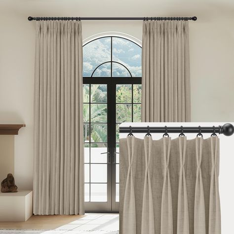 PRICES MAY VARY. Pinch Pleated Curtains of Package: Each Package include 2 panels of pinch pleated curtains blackout and 20 hooks (without rings), each panel is 40 inches wide and 108 inches long, the linen blackout curtains suitable for bedrooms, living room, dining room, nursery, kitchens, farmhouse and more. 100% Blackout Curtains：The pinch pleat linen curtains have a 205g heavyweight white lining, which is designed to block out 100% sunlight, uv rays and work well in noise reducing,thermal i Apartment Living Room Curtains Ideas, Huge Windows Living Room Curtains, Living Room 3 Window Curtains Ideas, Dining Room Decor Curtains, High End Curtains Living Rooms, Family Room Drapery Ideas, Curtains Tall Ceilings, 3 Panel Curtains Ideas, Living Room Curtain Ideas Modern