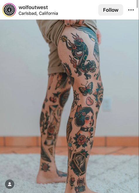 Traditional Leg Sleeve Tattoo, Traditional Tattoo Leg, Traditional Leg Sleeve, Traditional Tattoo Leg Sleeve, Thigh Sleeve Tattoo, Calf Sleeve Tattoo, Best Leg Tattoos, Lower Leg Tattoos, Christian Sleeve Tattoo