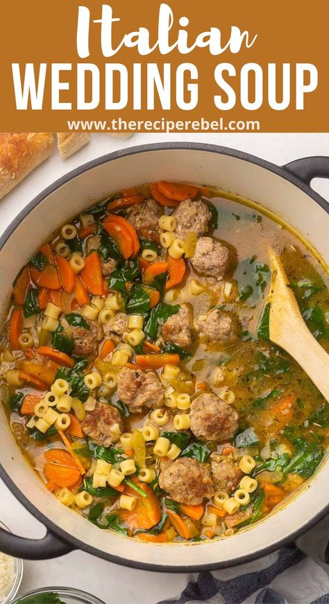 Italian Wedding Soup is loaded with homemade Italian meatballs, pasta, savory vegetables, salty parmesan, and classic Italian seasoning. It's one of our favorite soups for lazy winter days, but it's great for hearty dinners any time of year. #soup #recipe | dinner ideas | dinner recipes | soup recipes | meatball recipe | healthy dinner | easy recipes Italian Wedding Soup With Ditalini, Crockpot Italian Wedding Soup Easy, Dinner Recipes Soup, Healthy Dinner Easy, Meatballs Pasta, Homemade Meatballs Recipe, Italian Meatball Soup, Homemade Italian Meatballs, Italian Soup Recipes