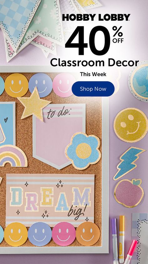 Class is almost in session! Find bulletin boards, classroom decor & more for 40% off at Hobby Lobby®. Bulletin Boards Classroom Decor, Hobby Lobby, Bulletin Boards, Classroom Decor, Classroom Decorations, Lobby, Projects To Try, Pins, Design