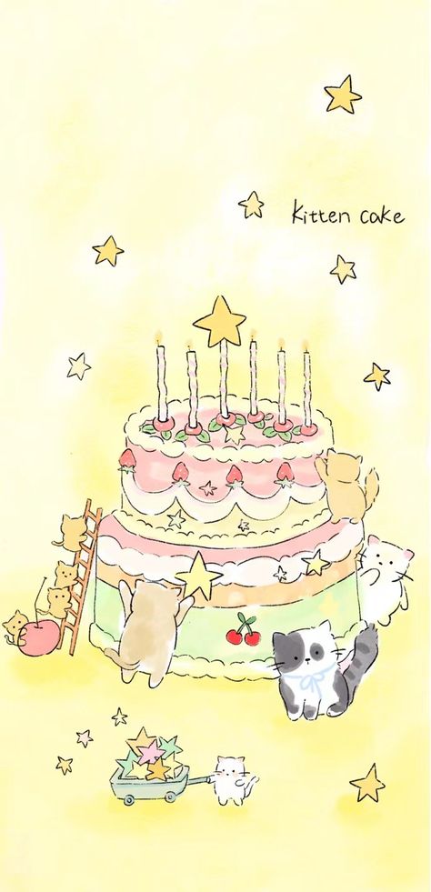 Happy Birthday Cute Wallpaper, Kawaii Birthday Cake Drawing, Kawaii Birthday Wallpaper, Cute Birthday Illustration, Christmas Cake Drawing, Birthday Cake Paper Craft, Birthday Cake Drawing Aesthetic, Cake Wallpaper Aesthetic, Cute Birthday Wallpaper