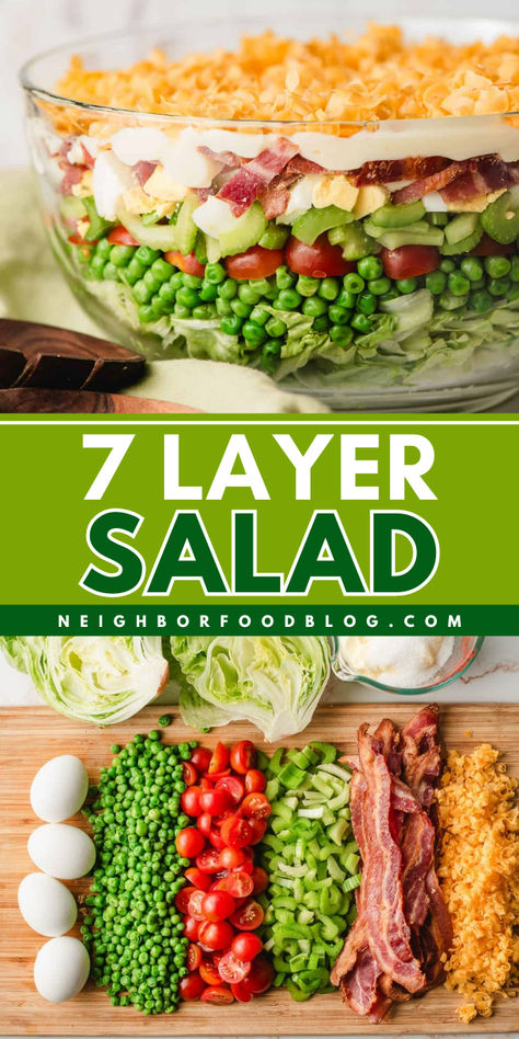 This 7 Layer Salad is the ultimate picnic salad! It’s not often you find a make ahead salad, but this is the one! With seven layers of crunchy lettuce, veggies, cheese, and bacon and a classic creamy dressing, this layer salad keeps for days and is perfect for summer potlucks and BBQs. 7 Layer Pea Salad Recipes, 7 Layered Salad Recipe Classic, Layered Spring Pasta Salad 12 Tomatoes, Easy Seven Layer Salad, Summer Lettuce Salads, Southern 7 Layer Salad, Camping Salads Make Ahead, Seven Layer Salad Recipe Classic, Cold Sides For A Crowd