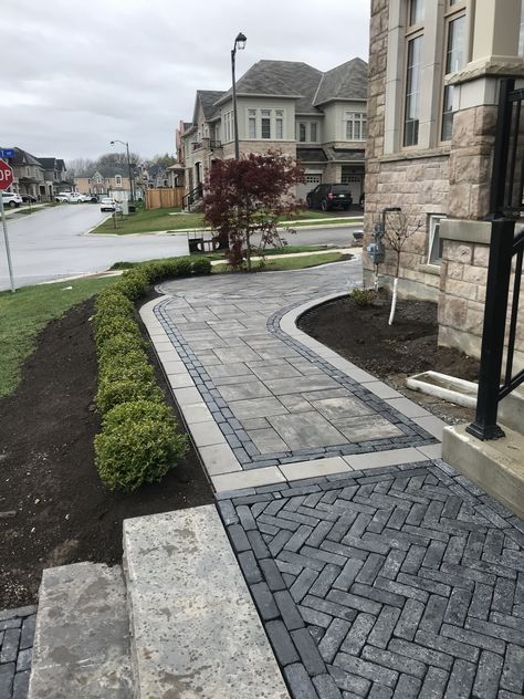 Front Walkway Hardscape Ideas, Modern Paver Driveway Ideas, Interlock Backyard Design, Interlock Driveway Extension, Driveway Interlock Ideas, Driveway Walkway Ideas, Herringbone Pavers Walkway, Interlock Walkway Front Entrances, Unilock Patio Ideas