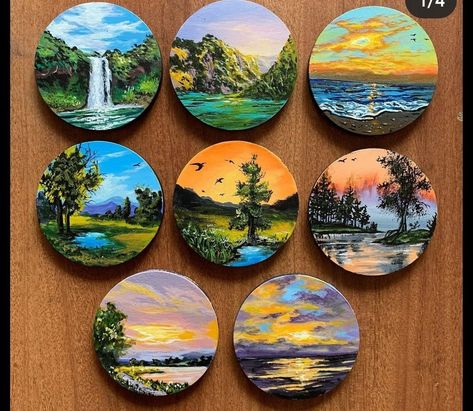 Circle Painting Ideas Easy, Mini Landscape Paintings, Round Paintings, Round Canvas Painting, Circular Canvas Painting, Creative Sketchbook, Round Painting, Circular Canvas, Interior Design Wall Art