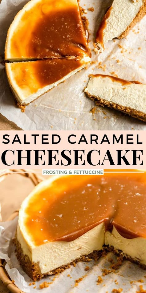 Salted Caramel Baked Cheesecake, Caramel Baked Cheesecake, Caramel Nut Cheesecake, Super Easy Cheesecake Recipes, Sea Salt Caramel Cheesecake Recipe, Cheesecake Recipes Salted Caramel, Carmel Cheesecake Topping, Easy Salted Caramel Cheesecake, Plain Cheesecake Topping Ideas