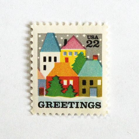 Ten 22c Winter Village in Snow Christmas StampsIssued: October 24, 1986Scott Catalog #224510 Mint, unused postage stamps with original gum as issued by the Post Office. These stamps are genuine and valid to use as postage for current mailing. Be sure to use enough total postage to meet the current postal rate for the item you are mailing. Great for special mailings like weddings, birthdays, valentines, and events. Also good to use for scrapbooking or displaying in a small picture frame. It's a m Stamp Postage, Winter School Display, Goods Design, Screen Printed Christmas Cards, Stamp Graphic, Christmas Postcards, Winter Village, Postage Stamp Illustration, Stamp Illustration