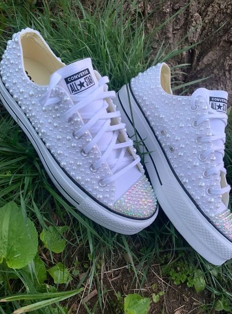 Bedazzled White Sneakers, White Converse Wedding Shoes, Converse Wedding Shoes Bride, Homecoming Sneakers, Wedding Tennis Shoes, Pearl Converse, Wedding Personal Touches, Pearl Sneakers, Sparkly Converse