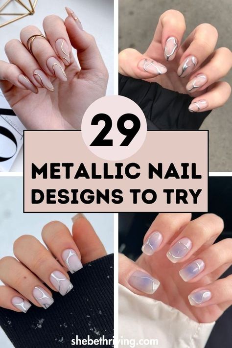 Metallic Nail Designs Classy Metallic Nails, Nails With Metallic Design, Metallic Nail Art Designs, Nails With Metallic Accent, Abstract Chrome Nails, Metallic Nails Art, Liquid Metal Nails, Chrome Metallic Nails, Gold Metallic Nails