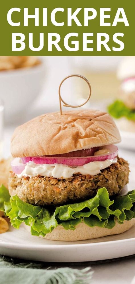 Chickpea Burgers (Vegan and Gluten-Free) - Bean Recipes Vegan Chickpea Burger, Vegan Bean Burger, Easy Bean Recipes, Homemade Veggie Burgers, Chickpea Burger, Homemade Dinner Recipes, Burger Toppings, Homemade Dinner, Weeknight Dinner Recipe