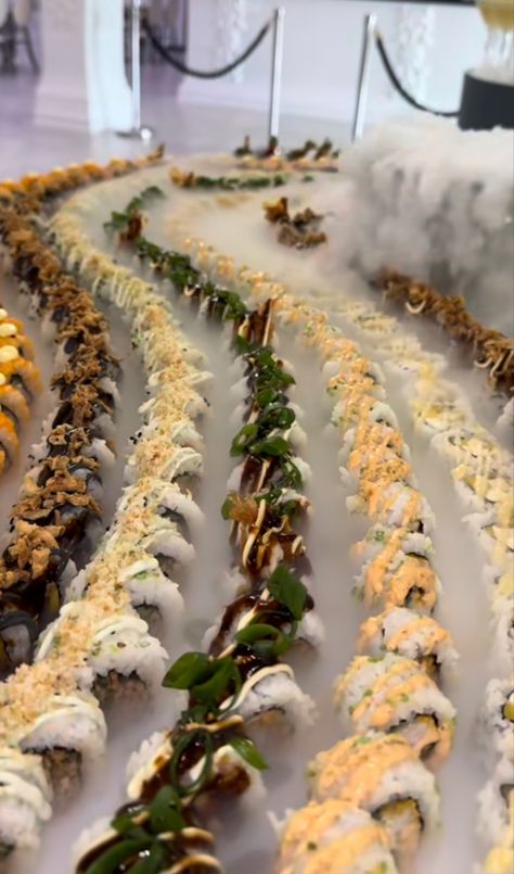 Sushi Buffet Wedding, Sushi Table Wedding, Sushi Serving Ideas, Sushi At Wedding, Sushi Bar Wedding, Sushi Wedding, Sushi Catering, Sushi Buffet, 18th Party