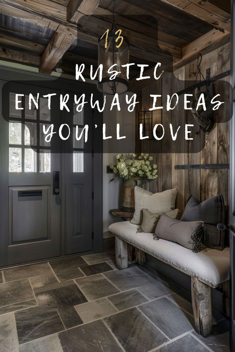 Looking to create a warm welcome? Discover 13 stunning rustic entryway ideas that add charm and character to your home's entrance. From reclaimed wood to vintage decor, click to explore these beautiful concepts. 🌾 #RusticEntryway #HomeDecor #EntrywayInspo #VintageStyle #CozyHome Lodge Entrance Ideas, Ranch Entryway Ideas, Rustic Modern Foyer, Entryway Ideas Shiplap, Dark Wood Entryway, European Entryway, Front Entry Vestibule, Mediterranean Entryway Ideas, Rustic Front Door Ideas Entrance