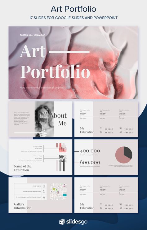 Create a digital version of your own art portfolio by using this formal template for PowerPoint and Google Slides Art Portfolio Powerpoint, Digital Art Portfolio Examples, Art Portfolio Template, Art Portfolio Design Layout, Digital Art Portfolio Layout, Digital Portfolio Ideas, Portfolio Art Ideas, Portfolio Design Ideas Art, Digital Portfolio Design Layout