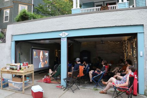 Garage Into Movie Room, Garage Movie Theater Diy, Projector In Garage, Garage Projector Screen, Garage Home Theater Ideas, Cool Garage Ideas Hangout, Carport Hangout Ideas, Garage Theater Ideas, Garage Movie Room