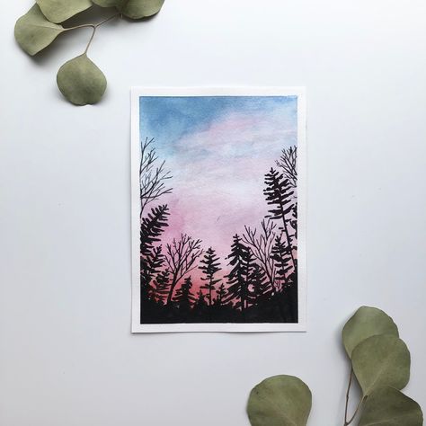 Ombré Background, Abstract Tree Art, Silhouette Forest, Colorful Mountains, Art Time, Sunset Silhouette, Scenery Paintings, Watercolor Sunset, Watercolor Tree