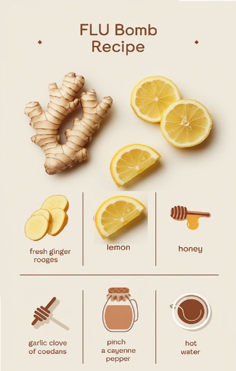 Flu Bomb Recipe: Your All-Natural Immunity Booster 🍋🧄🔥 - Must Do Recipes Homemade Immunity Booster, Immune Booster Juice Recipes, Cold Remedy Recipes, Drinks For A Cold Remedies, Herbal Remedies Recipes Immune System, Cold Coming On Remedies, Ginger Infused Oil, Honey Cold Remedy, Feeling Sick Remedies