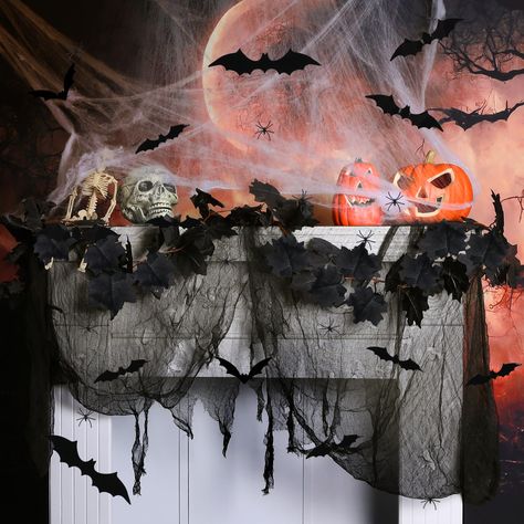 PRICES MAY VARY. Halloween essentials: Fireplace mantle decorations kit adds a touch of mystery and fun to your Halloween party. It is a perfect choice for you to save your time and money on choosing related good, and prepare better for the arrival of Halloween. Background decoration: A maple leaf garland, a light yarn and 12 differnt bat ornaments. These fake bats can be placed on the garland or gauze. They are all black and perfect for creating a slightly creepy vibe. It's like casting a veil Halloween Fall Fireplace Decor, Halloween Decor Small Porch, Spooky Halloween Party Decor, Chimney Mantel Decor, Spooky Indoor Halloween Decor, Halloween Decor Dining Room, Budget Friendly Halloween Decor, Halloween Bridal Shower Decorations, Halloween Mantels